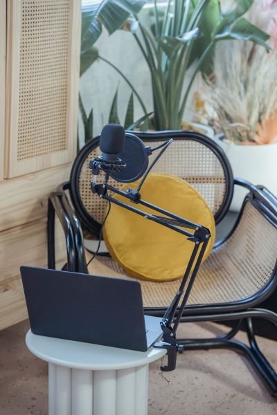 Podcast set up for interview with virtual assistant