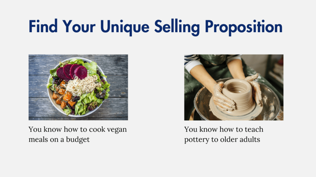 Bowl of vegetarian salad items and the hands of a potter making a bowl  on a pottery wheel.